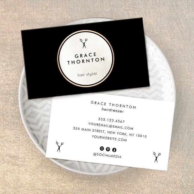 Hair Stylist Scissors Modern Black White Circle Business Card (Creator Uploaded)