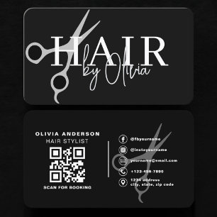 Hair Stylist Scissors QR Code Black Silver Business Card