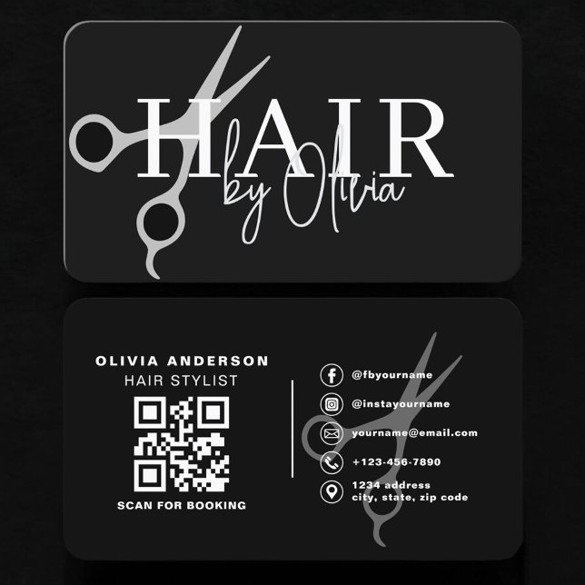 Hair Stylist Scissors QR Code Black Silver Business Card (Creator Uploaded)
