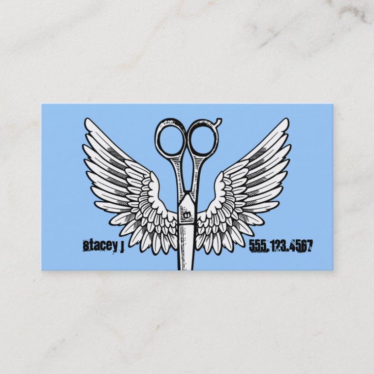 hair stylist scissors wings tattoo retro cosmo business card 