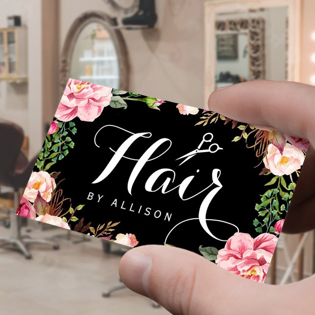 Hair Stylist Script and Pink Floral Wrapping Business Card (Creator Uploaded)