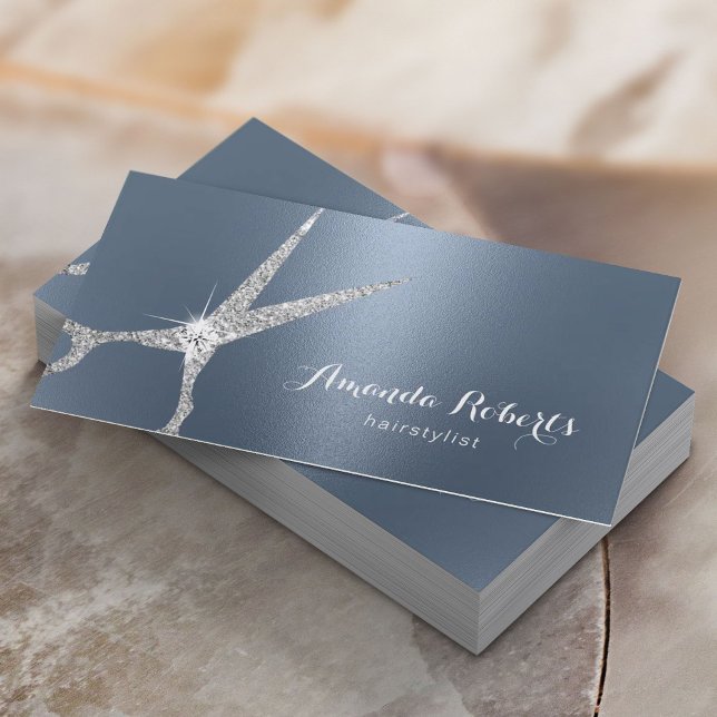 Hair Stylist Silver Scissor Dusty Blue Salon Business Card (Creator Uploaded)