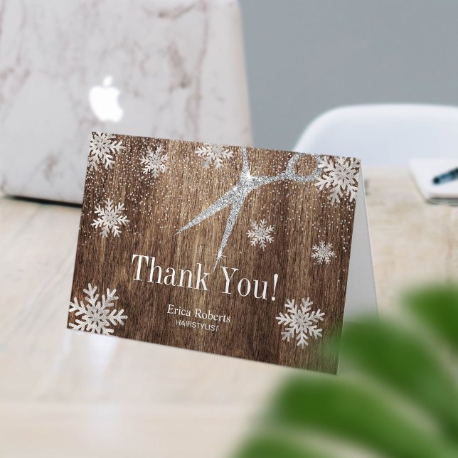 Hair Stylist Silver Snowflakes Rustic Holiday Thank You Card (Creator Uploaded)
