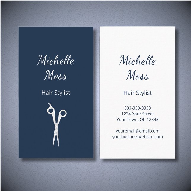 Hair Stylist Simple Minimalist Scissors Navy Blue Business Card (Creator Uploaded)