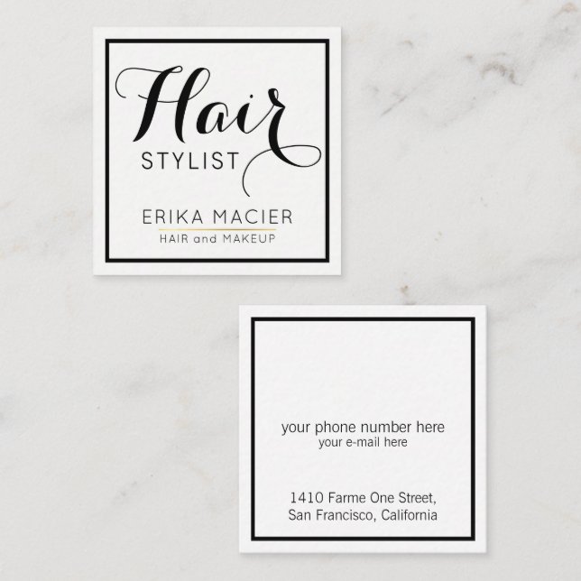 hair stylist simple, white & clear salon square business card (Front/Back)