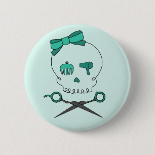Hair Stylist Skull & Scissor Crossbones -Turquoise 6 Cm Round Badge