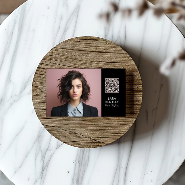Hair stylist social media  QRcode business card (Hair stylist business card with a portrait style photograph, name and QR code on a black background)