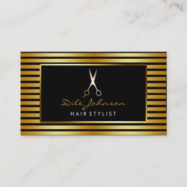 Hair Stylist Striped Gold Glitter Saloon Business Card (Front)