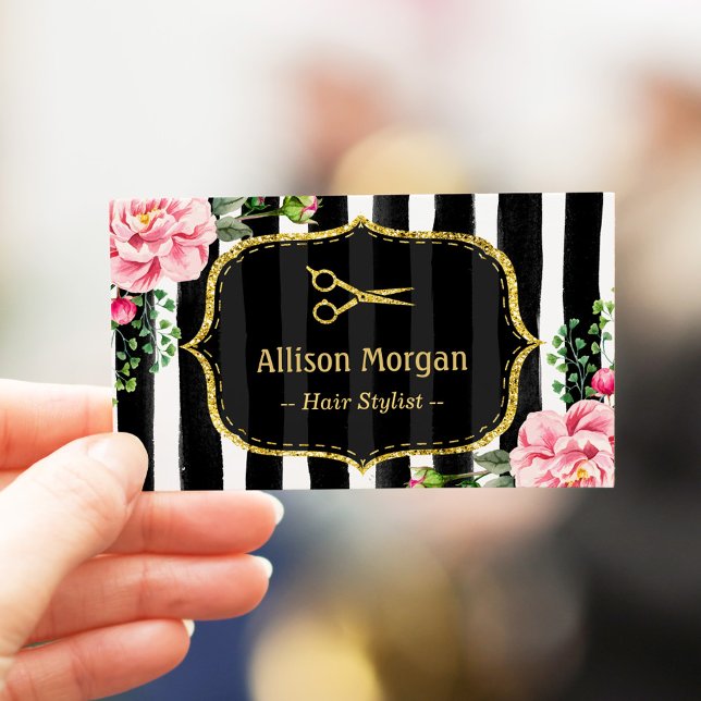 Hair Stylist Stunning Floral Gold Glitter Stripes Business Card (Creator Uploaded)