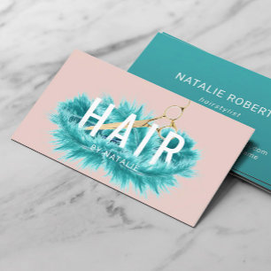 Hair Stylist Teal Feather Gold Scissor Blush Salon Business Card
