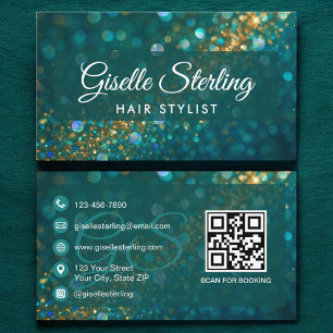 Hair Stylist Teal Gold Glitter QR Code Luxury Business Card