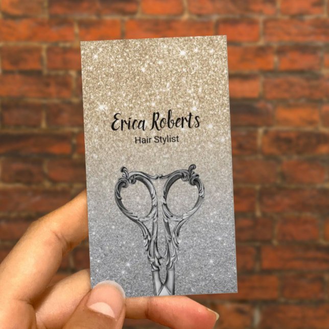 Hair Stylist Trendy Gold Sparkle Silver Glitter Business Card (Creator Uploaded)