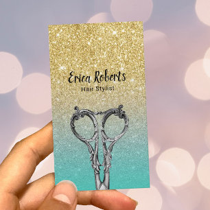 Hair Stylist Trendy Gold & Turquoise Glitter Business Card
