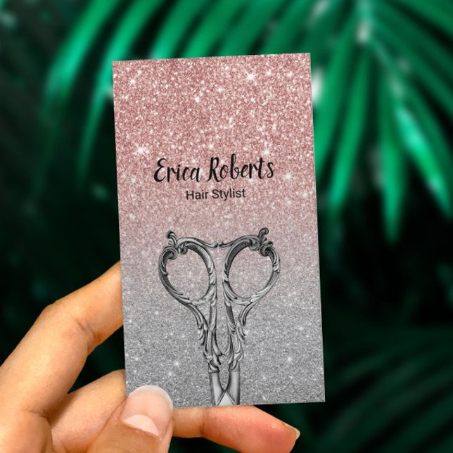 Hair Stylist Trendy Rose Gold & Silver Glitter Business Card (Creator Uploaded)