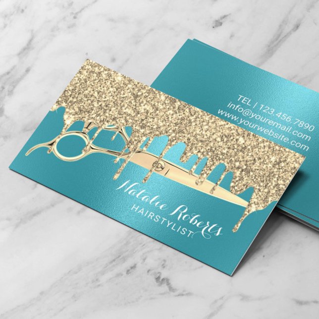 Hair Stylist Turquoise Gold Drips Beauty Salon Business Card (Creator Uploaded)