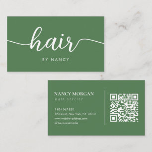 Hair Stylist Typography Qr Code Moss Green Business Card