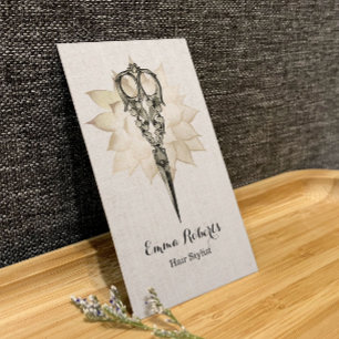 Hair Stylist Vintage Scissor Floral Classy Linen Business Card