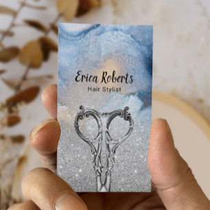 Hair Stylist Watercolor Blue Silver Glitter Business Card
