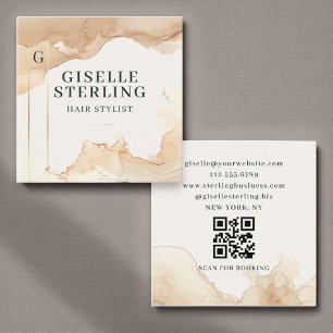Hair Stylist Watercolor QR Code Beige Gold Foil Square Business Card
