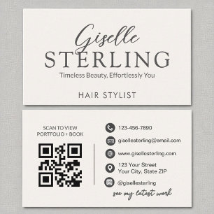 Hair Stylist White Script Modern QR Code Business Card