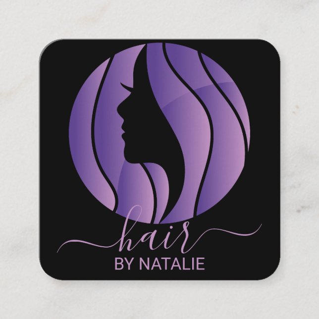 Hair Stylist with Logo Purple Ombre Salon  Square Business Card (Front)