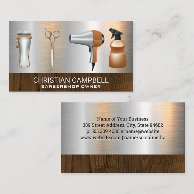 Haircutting | Barber Shop | Metallic Barber Tools Business Card (Front/Back)