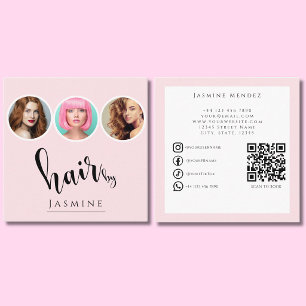 Hairdresser 3 Photo QR Socials Blush Pink Square Business Card