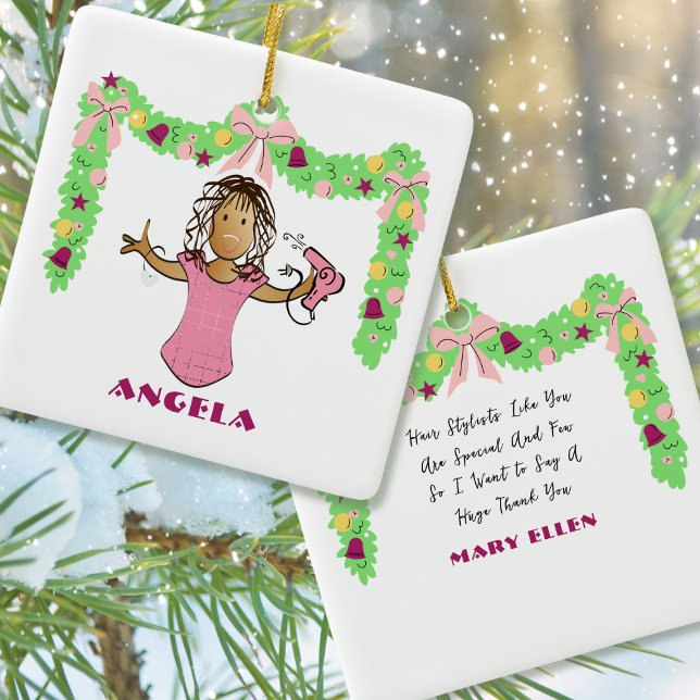 Hairdresser Cartoon Ethnic Thank You Christmas Ceramic Ornament (Creator Uploaded)