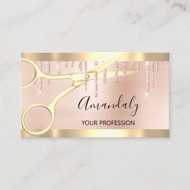 Hairdresser Coiffeur Gold Scissors Rose Gold Business Card (Front)
