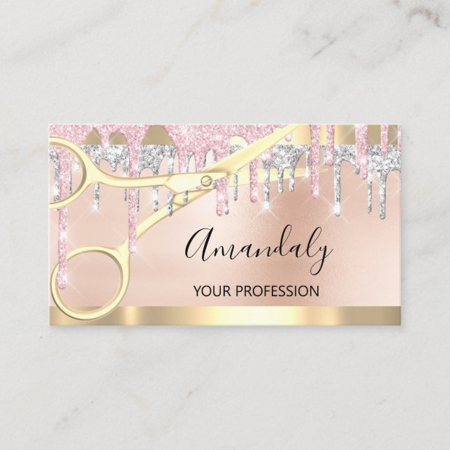 Hairdresser Coiffeur Gold Scissors Silver PinkVIP Business Card (Front)