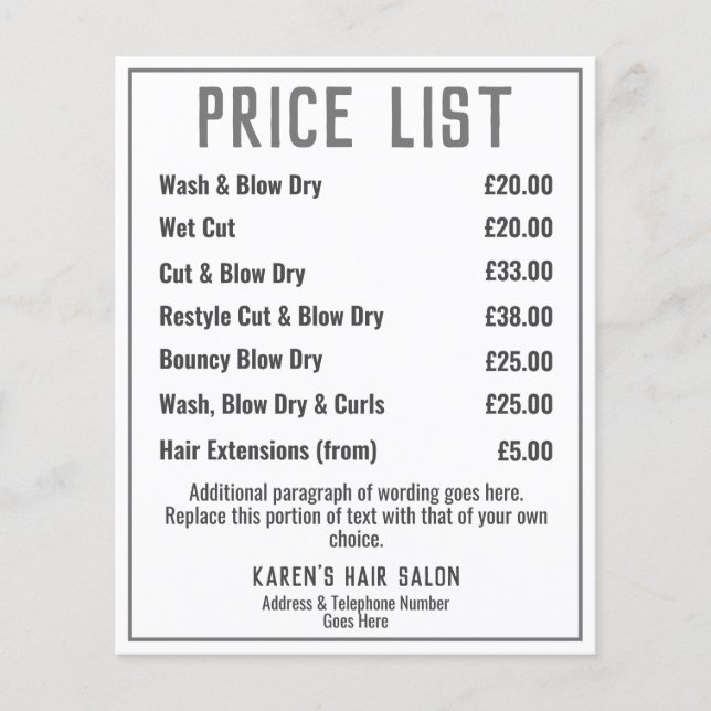 Hairdresser Hair Salon Leaflet Price List Flyer (Front)
