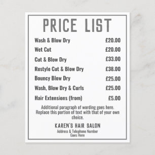 Hairdresser Hair Salon Leaflet Price List Flyer