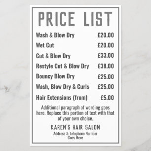 Hairdresser Hair Salon Leaflet Price List Flyer