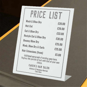 Hairdresser Hair Salon Price List Pedestal Sign