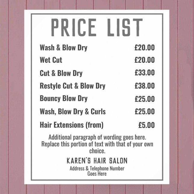 Hairdresser Hair Salon Price List Poster (Creator Uploaded)