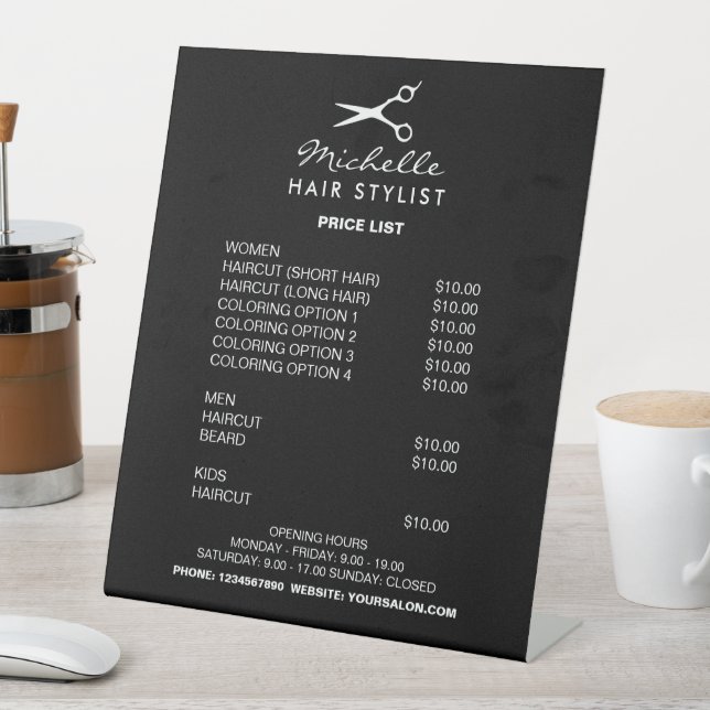 Hairdresser hair stylist salon price list menu pedestal sign (In SItu)