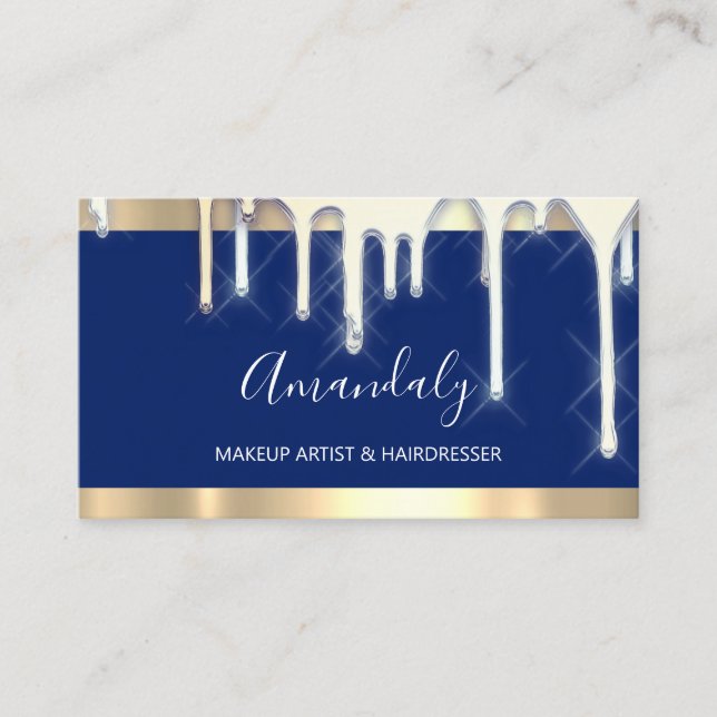 Hairdresser Makeup Artist Navy Gold 3D Drips Business Card (Front)
