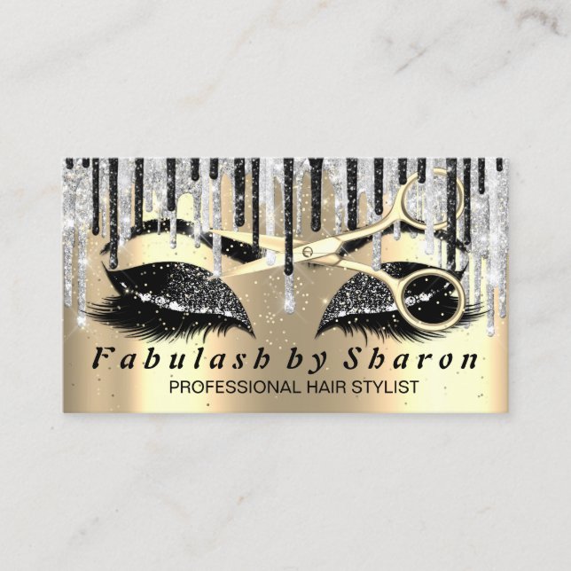Hairdresser Makeup Eyelash Gold Scissors Grey Drip Business Card (Front)