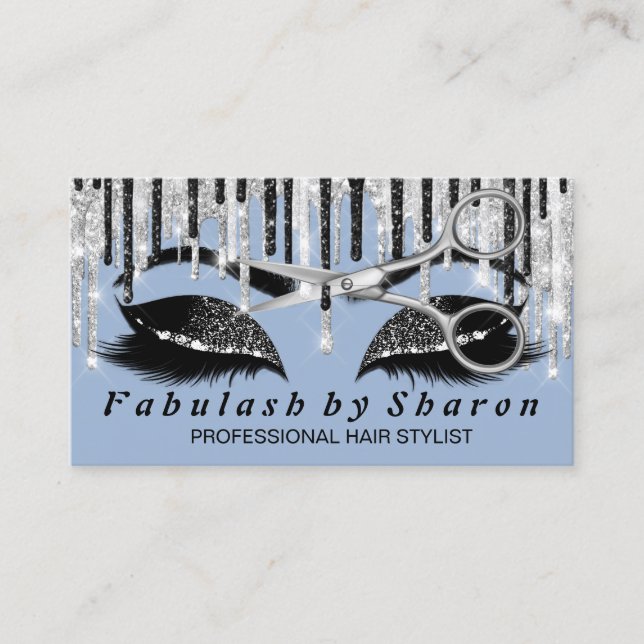 Hairdresser Makeup Eyelash Silver Smoky Blue Grey Business Card (Front)