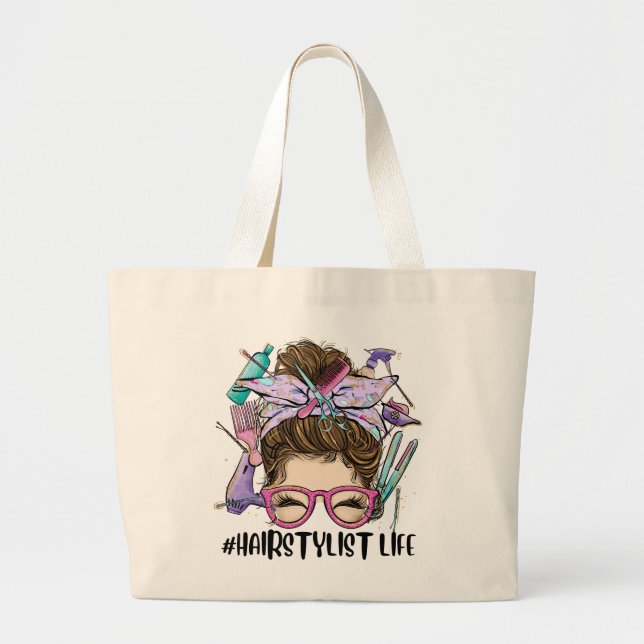 Hairdresser Messy Bun Cosmetologist Hairstylist Large Tote Bag (Front)
