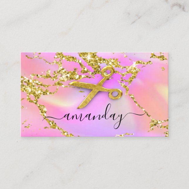 Hairdresser Stylist Gold Scissors Holograph Pink  Business Card (Front)