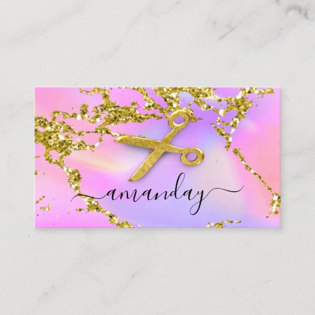 Hairdresser Stylist Gold Scissors Holograph Purple Business Card (Front)