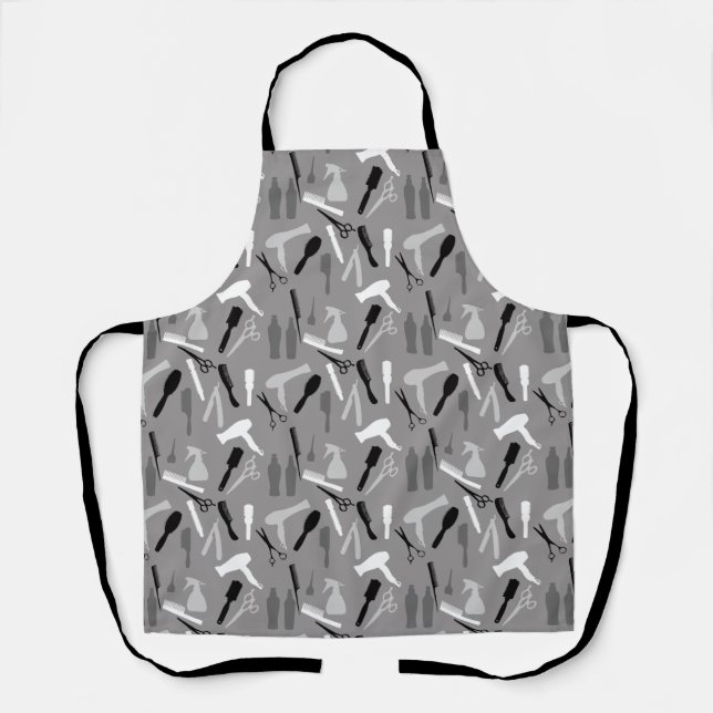 HAIRDRESSER TOOLS PATTERN DESIGN IN CHARCOAL GRAY APRON (Front)