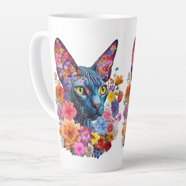 Hairless Sphynx Cat Art Floral  Latte Mug (Left Angle)