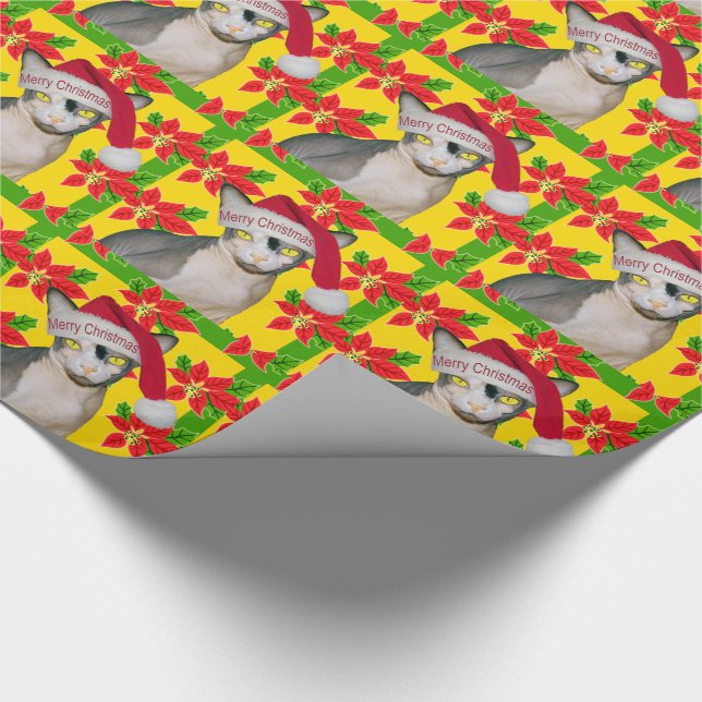 Hairless Sphynx Cat Santa Hat Christmas Holiday Wrapping Paper (Corner)
