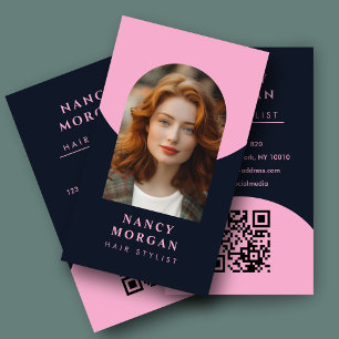 Hairstylist arch photo QR code pink and navy  Business Card