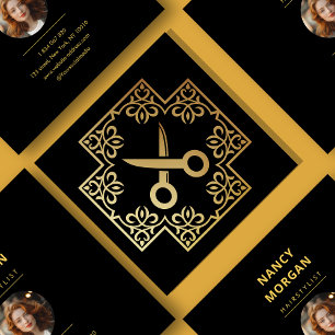 Hairstylist Barbershop Gold Frame Scissors Photo Square Business Card