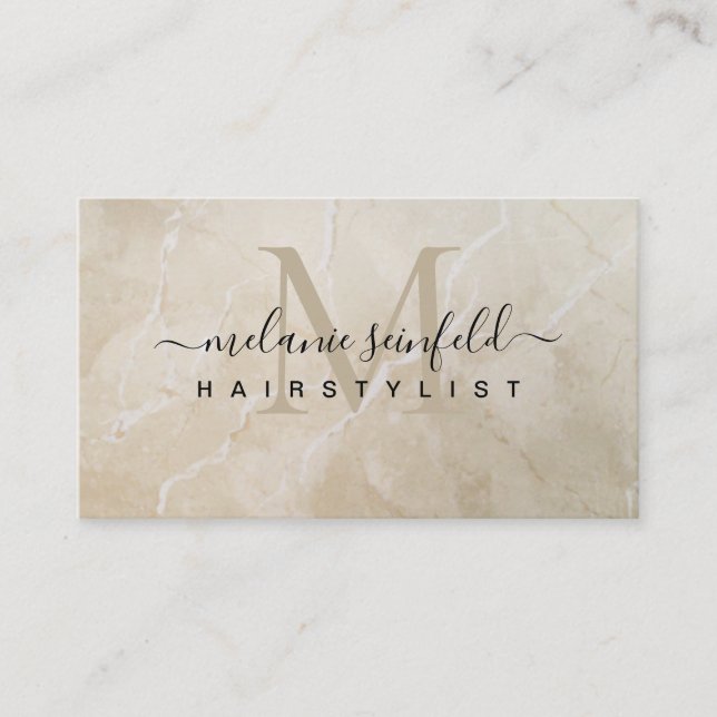 Hairstylist Beige Marble Beauty Salon Monogram Business Card (Front)
