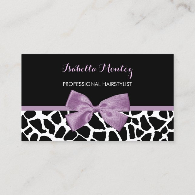 Hairstylist Cute Giraffe Print Lavender Purple Bow Business Card (Front)
