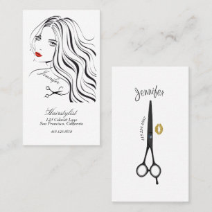 Hairstylist Drawing Girl with Long Hair Red Lips Business Card